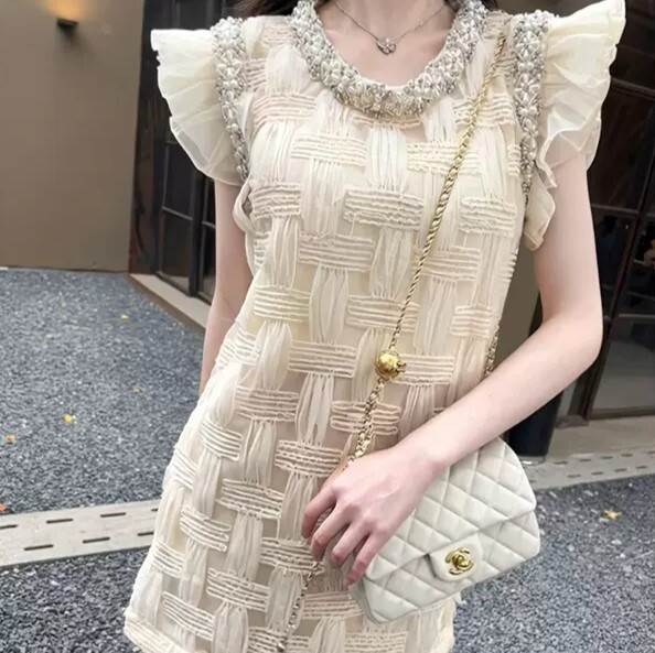 レディース ワンピース ドレス ショート ノースリーブ フリル袖 ラウンドネック Aライン ファスナー ハイウエスト 大人可愛い きれいめ 上品 おしゃれ かっこいい ラフ ガーリー クール エレガン