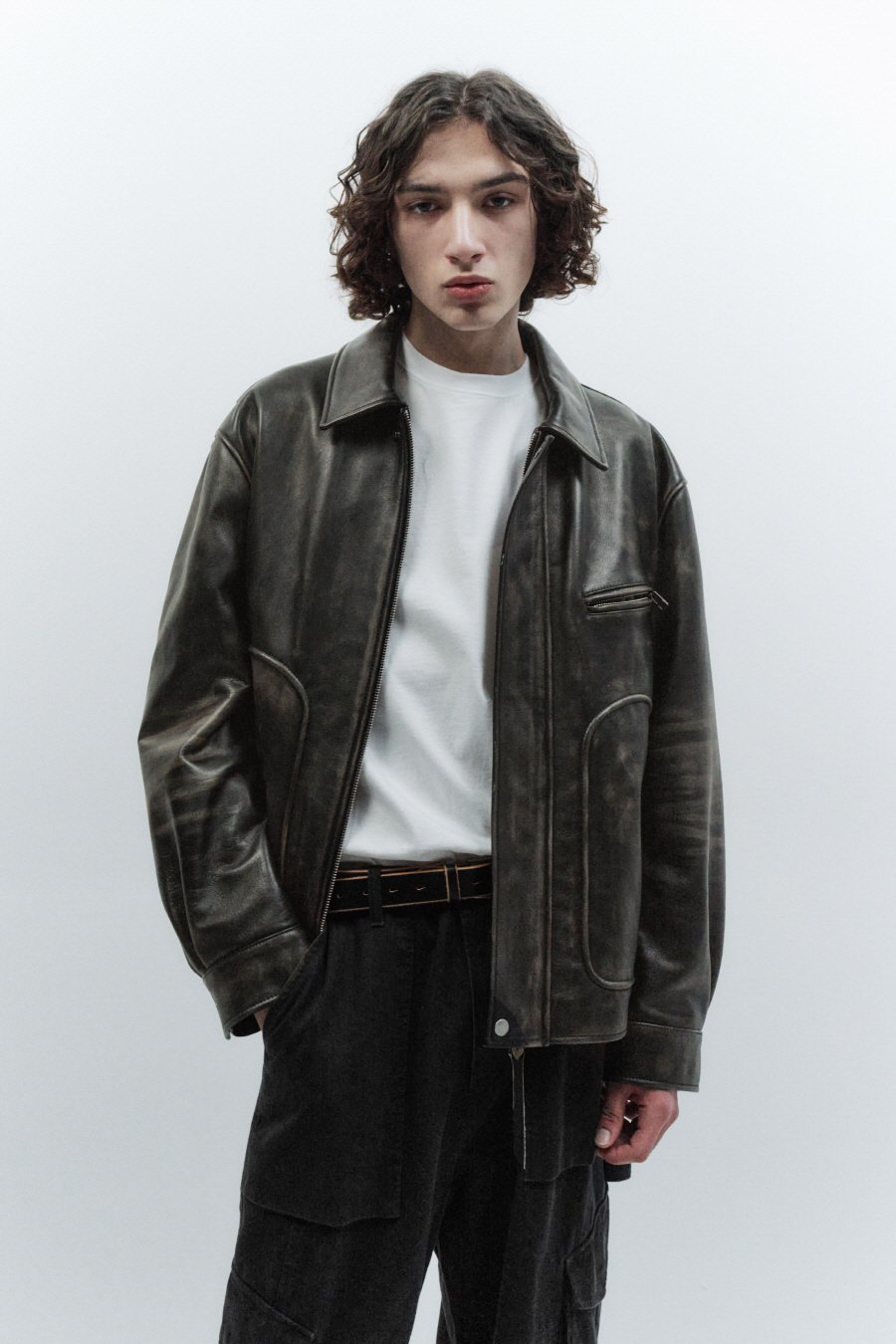 【INSILENCE】 FADED LEATHER JACKET : FADED BLACK