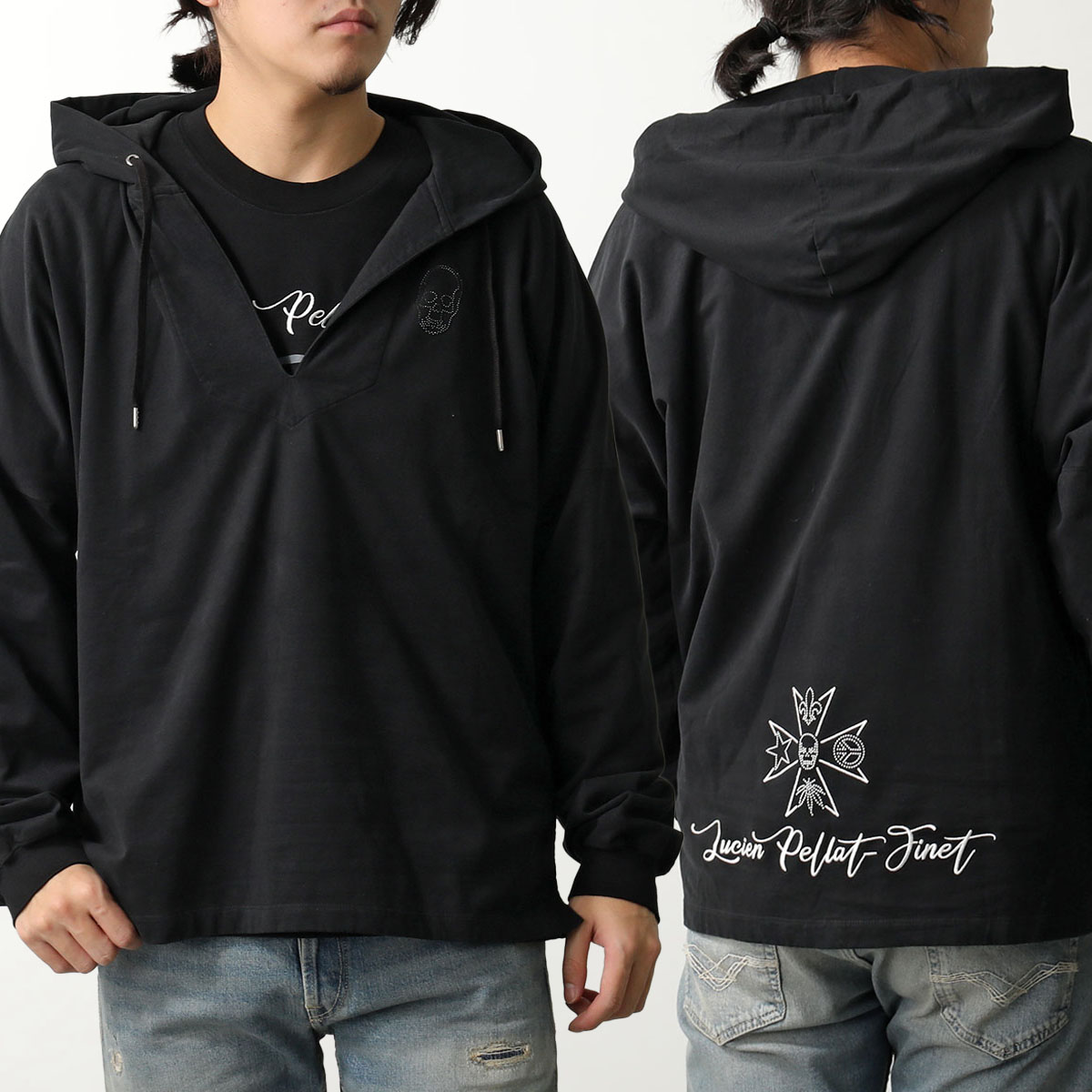 lucien pellat-finet ルシアンペラフィネ パーカー YMP-1488U 213-33408 メンズ プルオーバー ライトスウェット 長袖 フーディ スカル ロゴ刺繍 BLACK