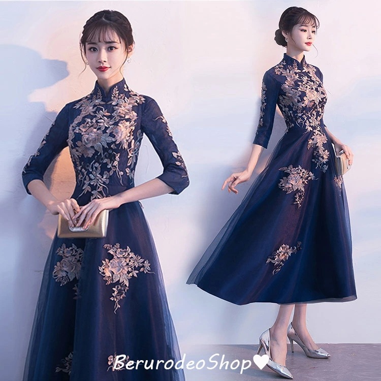 再販未定チャイナドレス ネイビー 刺繍 キレイめ 結婚式ドレス チャイナ風 ワイン赤 20代 30代 ミモレ丈ドレス Aライン 袖あり 二次会ドレス 立ち襟 紺色 40代 お呼ばれドレス パーティード