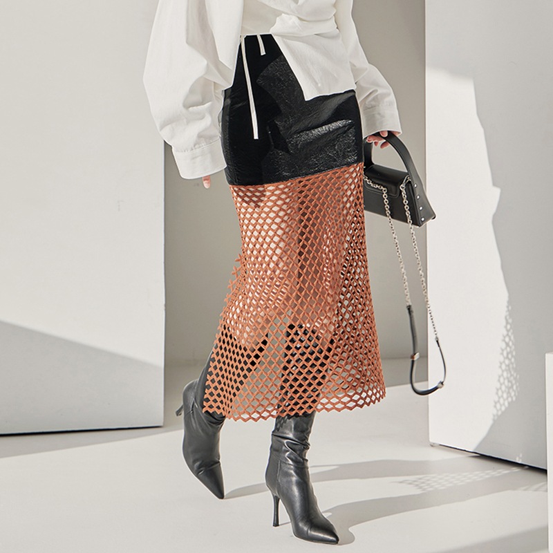 SK9176 レザー ネット シースルー ミディアム スカート