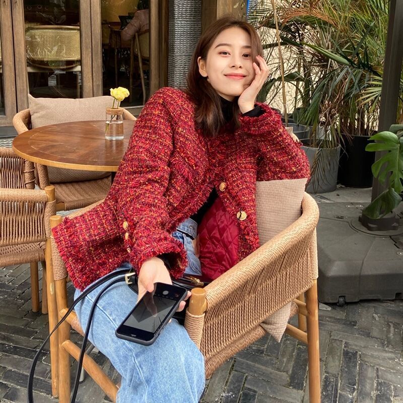 お正月クリスマスレッドツイードショートコート韓国風ゆったり多用途2024春秋冬婦人服