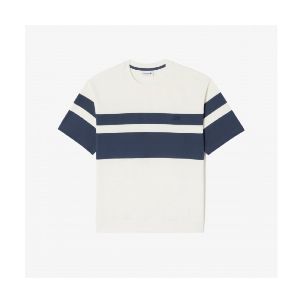 LACOSTE メンズ オーバーサイズ ミラノ チェスト ストライプ Tシャツ [ミッドナイトブルー]