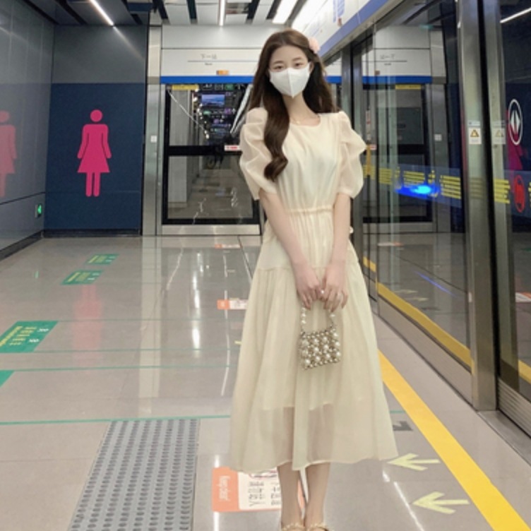 ワンピース レディース フレア 膝丈 袖あり 半袖 パフスリーブ シフォン アプリコット ブルー 大人 上品 個性的 お洒落 セクシー エレガント 主役級 存在感 春 夏 10代 20代 デート