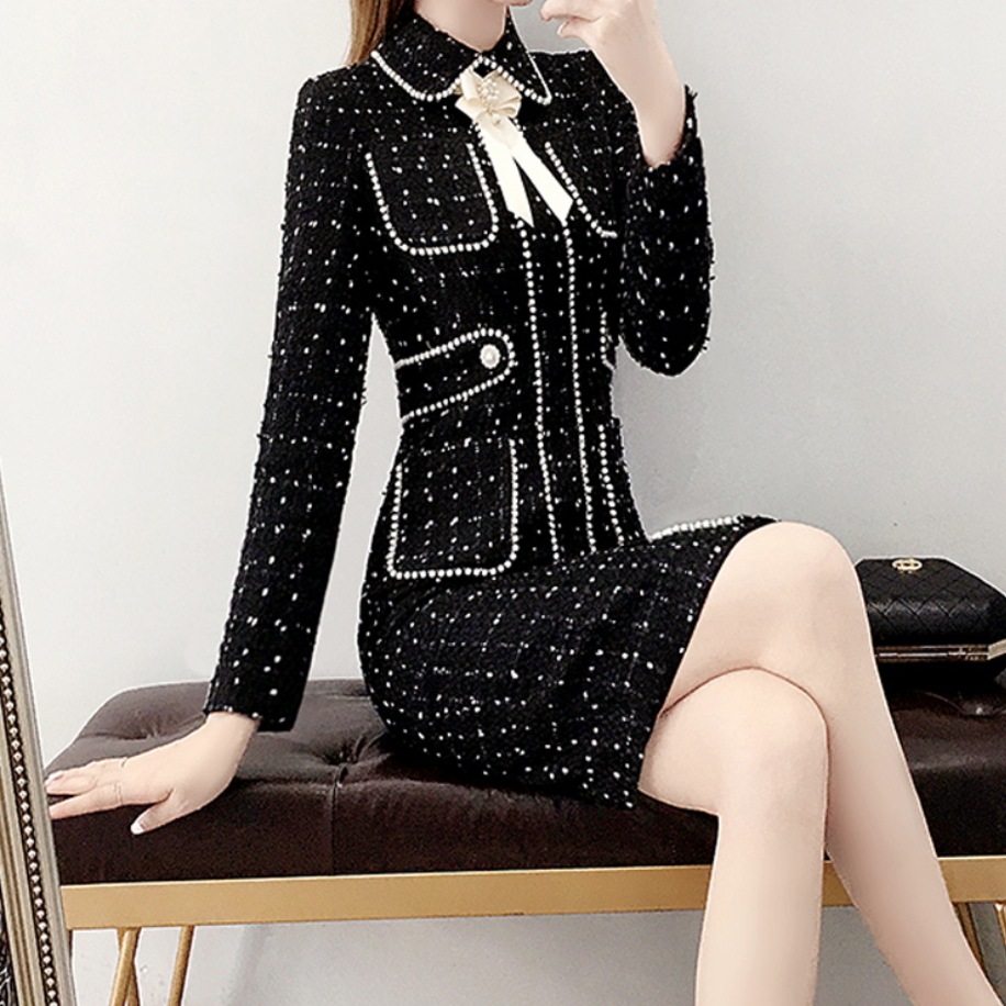 ワンピース デート ミモレ ミモレ丈 袖あり 長袖 Vネック スリム タイト 細身 春 秋 10代 個性的 ブラック S M L XL 2XL こなれ感 エレガント ガーリー ラブリー モード系