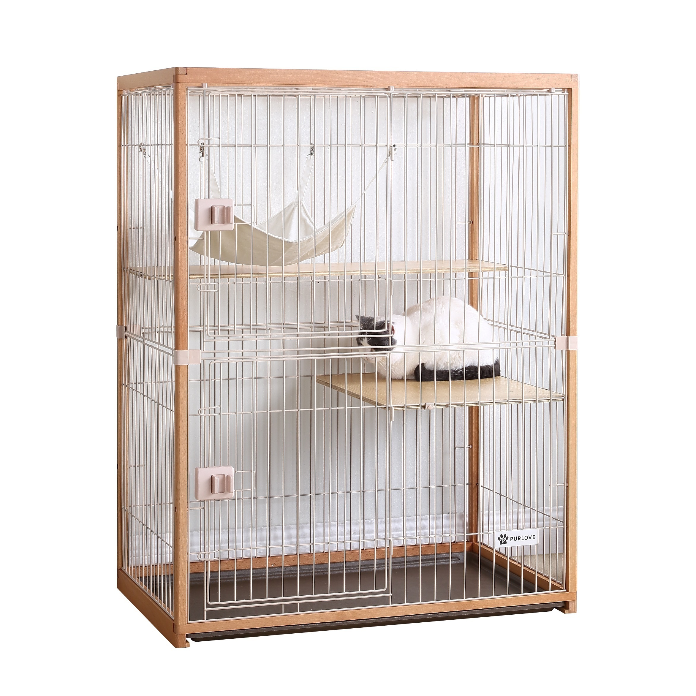 【国内発送 無-送料】383猫 ケージ キャットケージ 2段 木製フレーム ハンモック付 広々 大型 猫ゲージ 高級感 ナチュラル