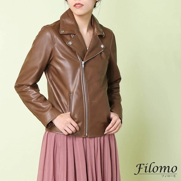 ライダースジャケット レザー レディース ダブル ラムレザー レザージャケット M L アウター 本革 レディースジャケット ナッパ加工 ブラウン バイカー ブランド Filomo フィローモ 大人