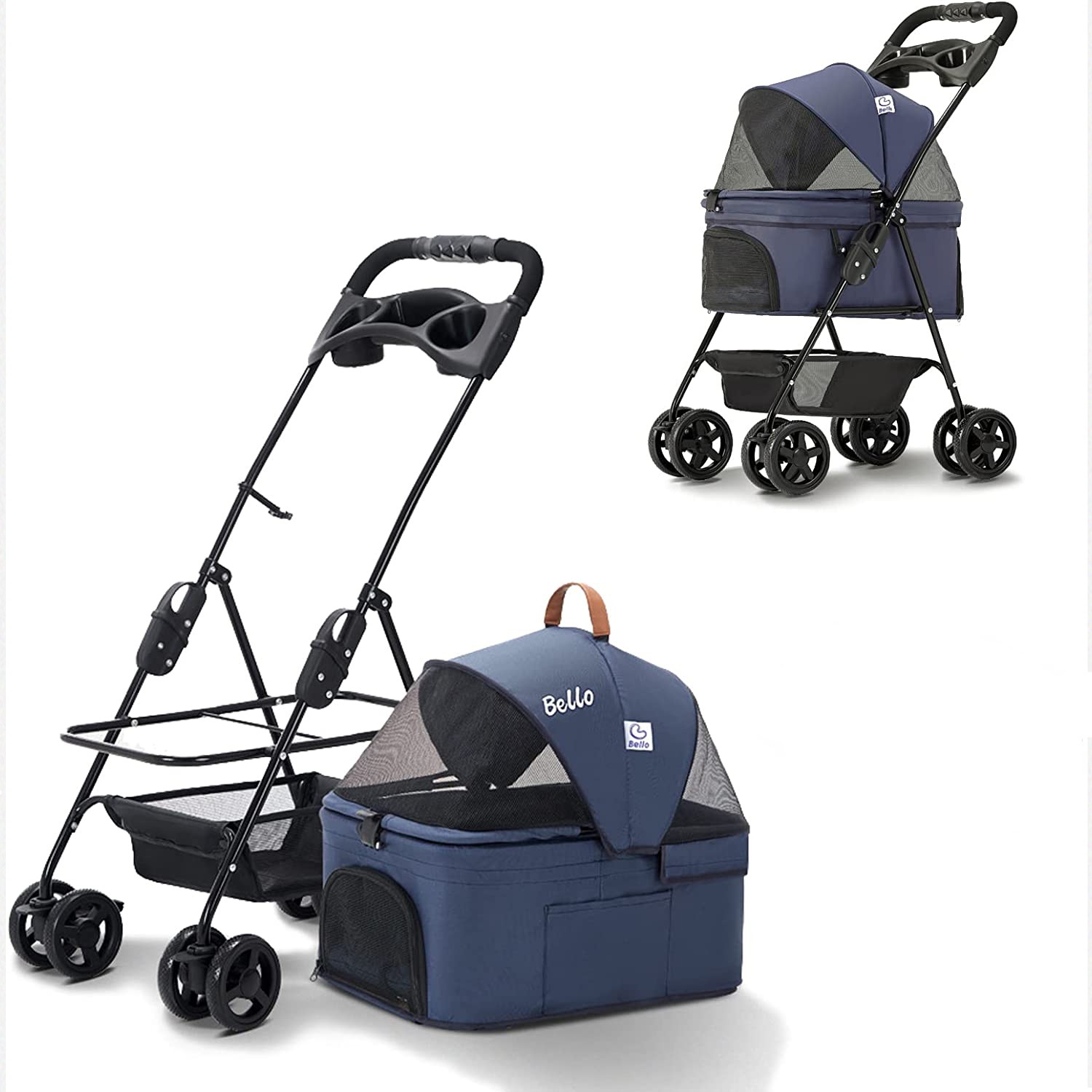 ペットカート 取り外し可能 2way 分離型 4輪360回転 折りたたみ 【レインカバー付き】 軽量 ブレーキ機能 前後網窓 猫 犬 水洗い お出かけ 多機能 耐荷重15KG