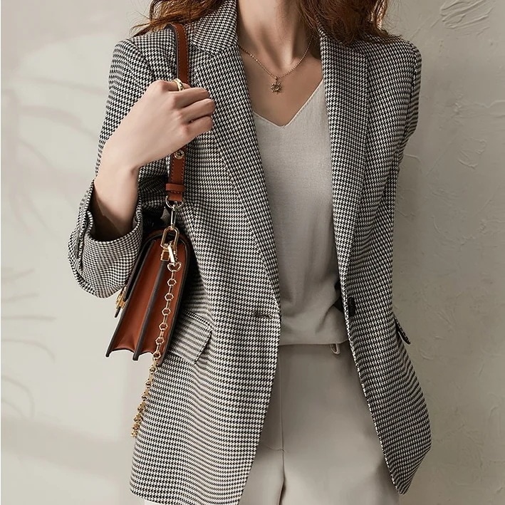 人気沸騰柄追加テーラードジャケットレディース長袖スーツジャケットチェック柄ゆったりブレザーコート春コートゆったりアウター通勤オフィス