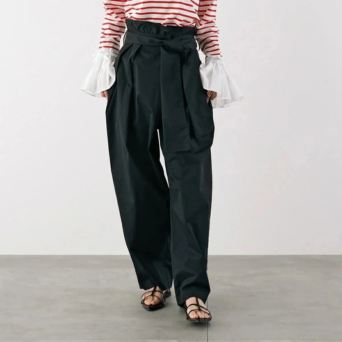 Mewl ミュール テーパードパンツ M251-33125 BIGリボンバレルパンツ レディース コットン ベルテッド ワイド タックパンツ ギャザー ブラック 【mega】