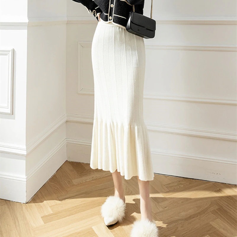 高級な質感ニットスカートプリーツスカートマーメイドスカートレディース秋冬ボトムス暖かいストレッチミモレ丈ロングストレートAライン