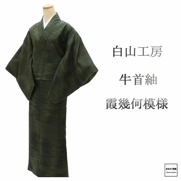 紬 未使用 正絹 白山工房 牛首紬 霞 幾何 身丈159cm 裄丈65.5cm 未着用 超美品 新古品 未使用品 着物 カジュアル 街着 d4122