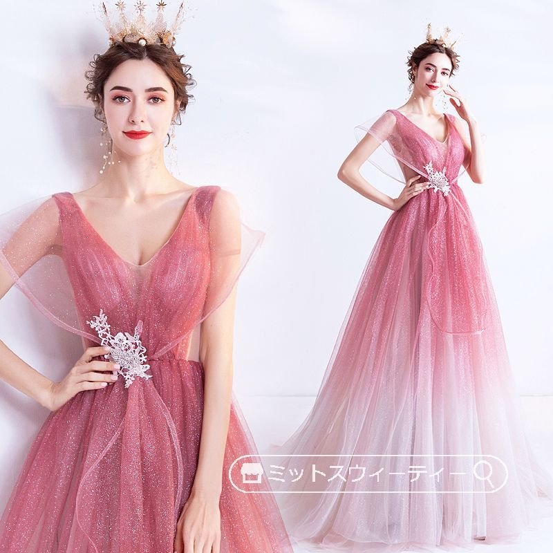 カラードレス 演奏会用ドレス ピアノ発表会 ロングドレス Aライン ウエディングドレス ピンク コン