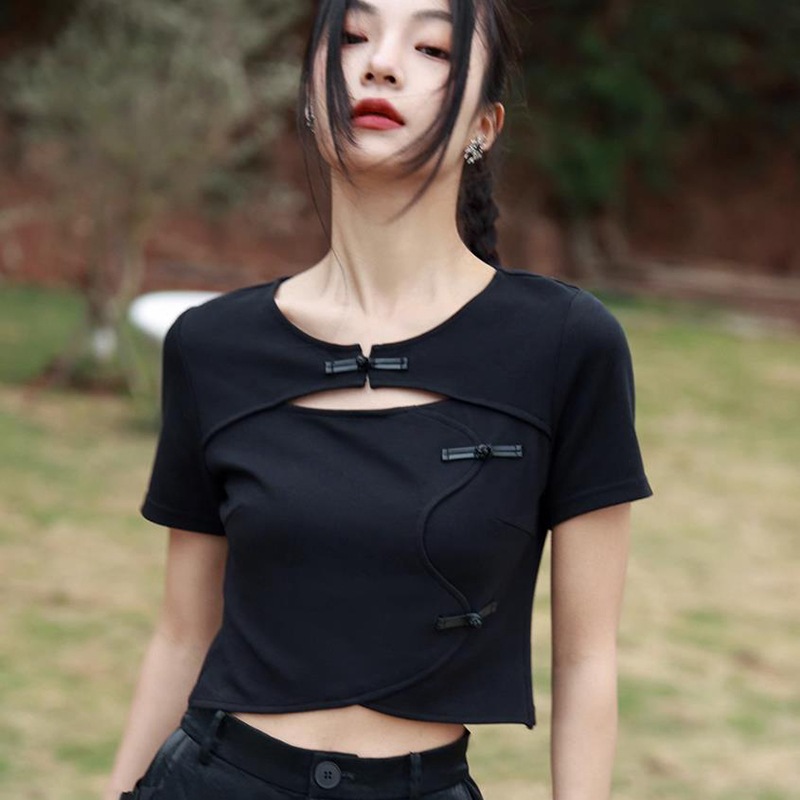 チャイナ風トップス 重ね着風 へそ出し Tシャツ カットソー 半袖 レディース 黒 無地 チャイナボタン 着瘦せ