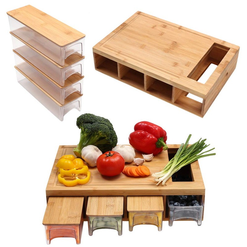 竹製まな板 ストレージコンテナ/トレイ付き まな板 引き出し付き 溝/ハンドル/食品スライド開口部付き