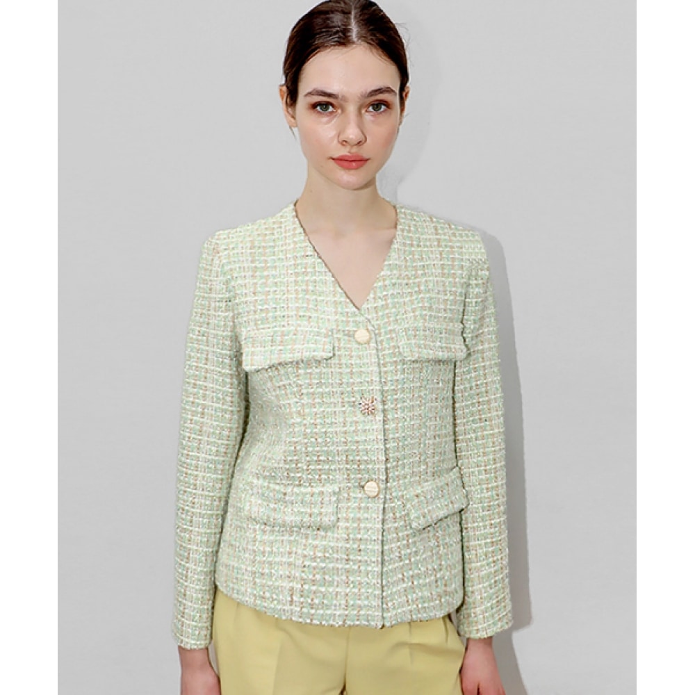 DAMAGE MNEMONICグリーンツイードVネックジャケット_Green Tweed V neck JK