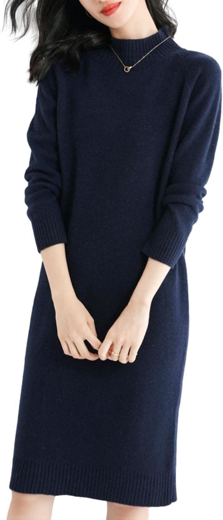 ニット ワンピース 柔らか素材 ひざ丈 シワになりにくい 清楚 オフィス 普段着 大人 セットアップ風 JS22(ネイビー, S)