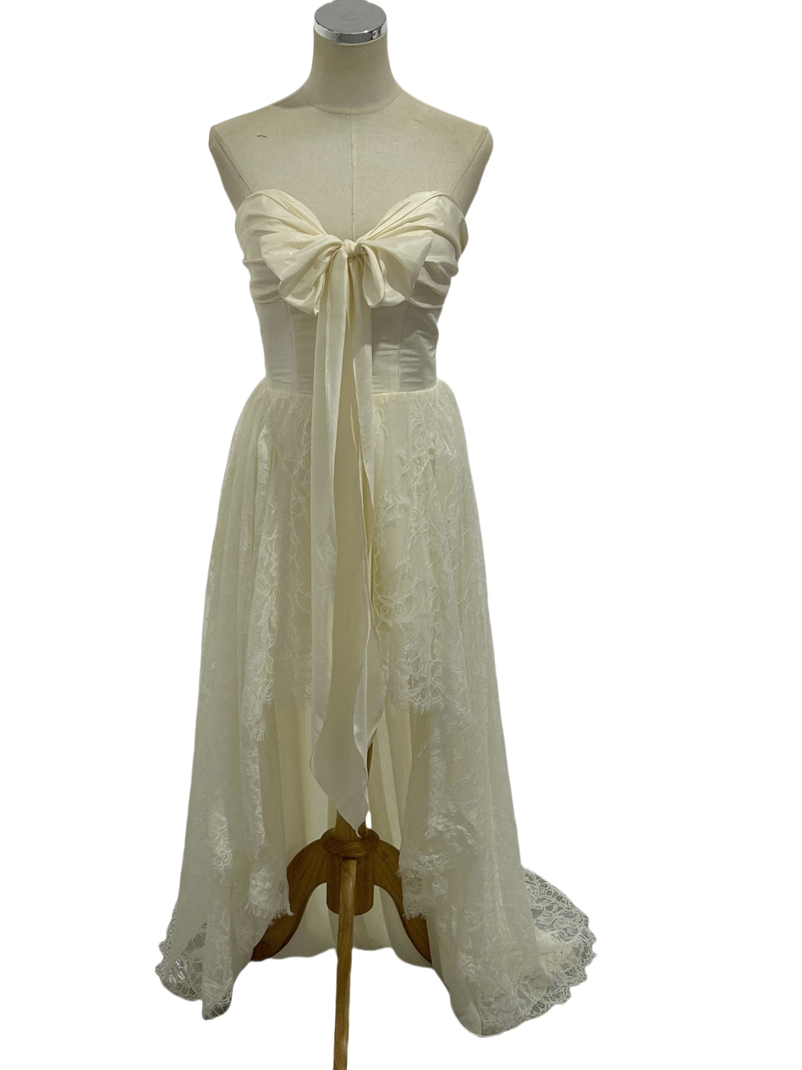 パーティードレス アイボリー 咲き誇る透け花レース フィッシュテール ベアトップ シルクタフタ 前撮り