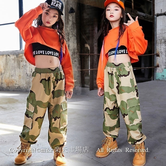 【新品プロモ-ション】3点セット 迷彩パンツ オレンジ 長袖 ジャズダンス衣装 タンクトップ キッズ ダンス衣装 パンツ ヒップホップ 子供 ダンス サルエルパンツ ロングパンツ 体操服 練習着 ガー