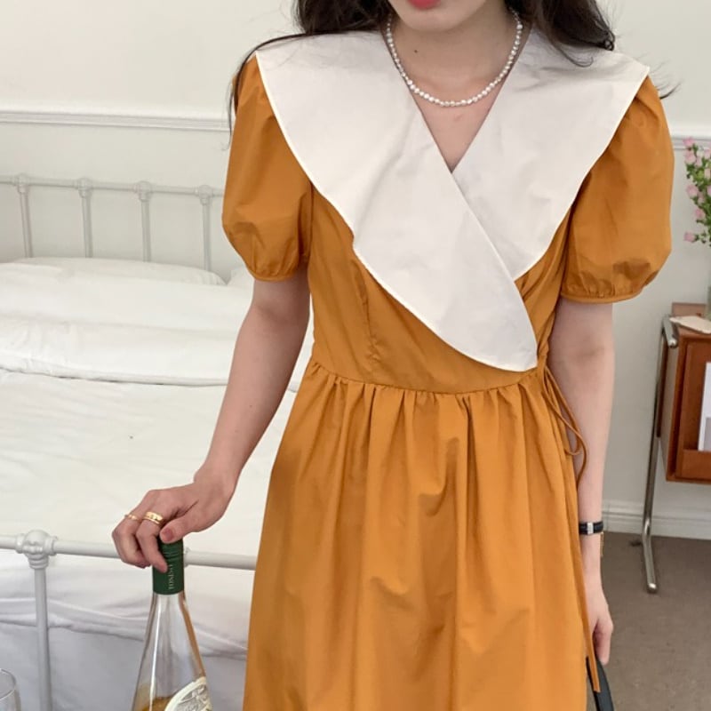 3color レディース ワンピース オレンジ ブラック イエロー 襟 大人可愛い きれいめ 大人