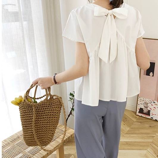 3color レディース トップス シャツ 半袖 バックリボン ラウンドネック 切り替え ギャザー