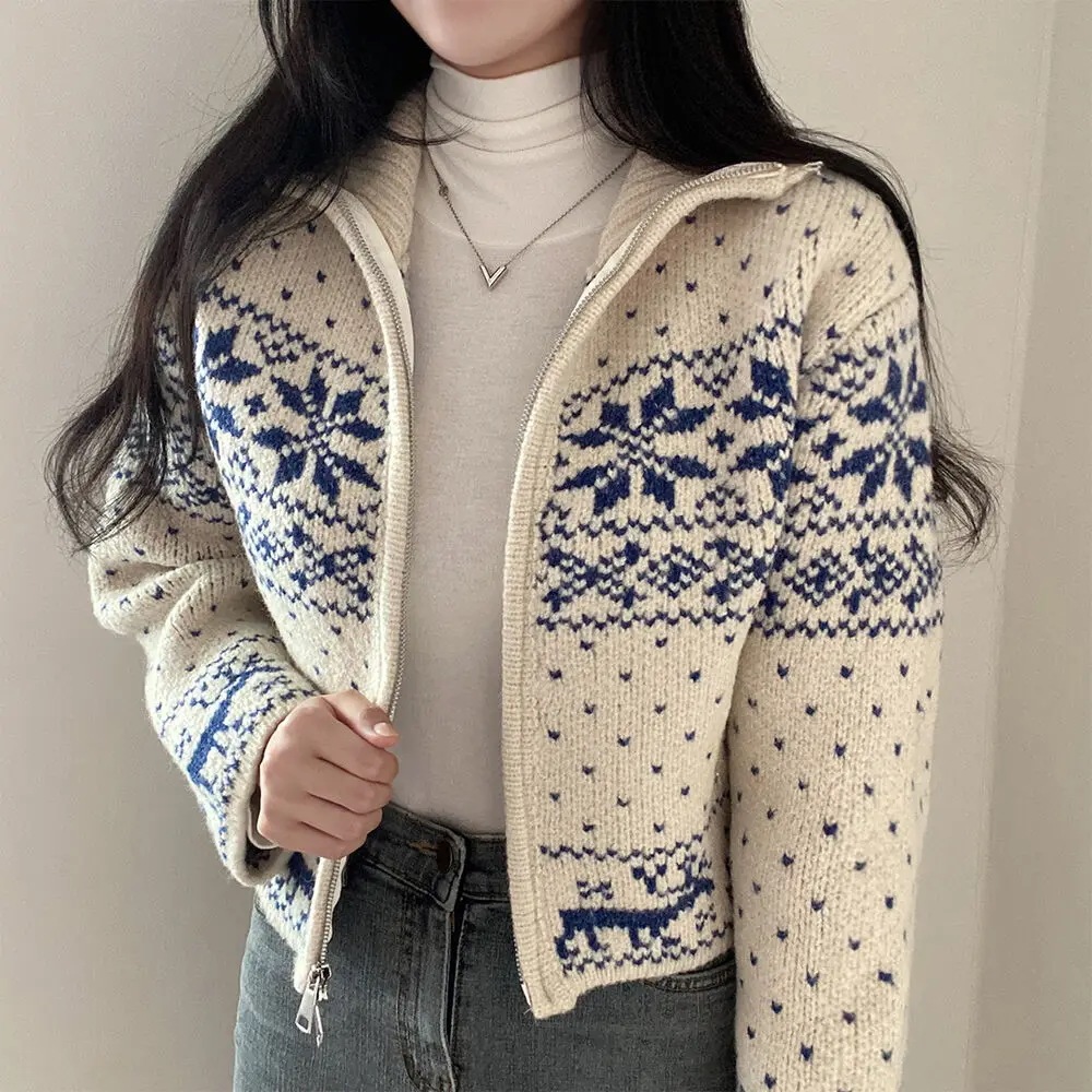 女性用スノーフレークエルクプリントクリスマスセータージップアップカーディガンニットジャンパー10代の女の子のジャケットお祝いの衣装秋冬 - AliExpress 200000345