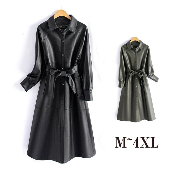 数量限定 PU フェイクレザート レザージャケット ロングジャケット スプリングコート 革ジャン アウター ロングコート カジュアル ベルト付き 着やせ 防風 シンプル 高品質 春秋 お洒落 グリーン
