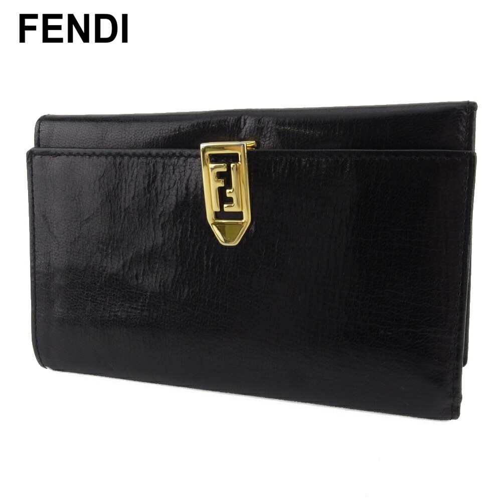 三つ折り 財布 中長財布 FFプレート レディース メンズ ブラック ゴールド 中古