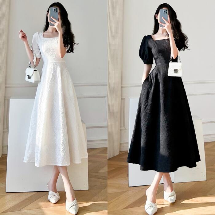 ワンピース ロングワンピ パフスリーブ 袖あり 花柄 スクエアネック ミモレ丈 エレガント きれいめ レディース ドレス 半袖 大人 可愛い ホワイト 白 ブラック 黒 春 秋 夏 20代 30代 4