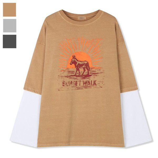 メンズサンセットピグメントレイヤード長袖Tシャツ ML-TSA-Q002-ベージュ