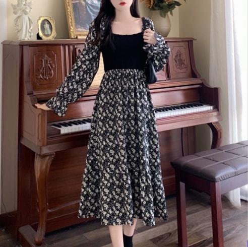 花柄ワンピース ブラック ワンピース ロング スリム 細身 ストレート スマート かわいい きれいめ