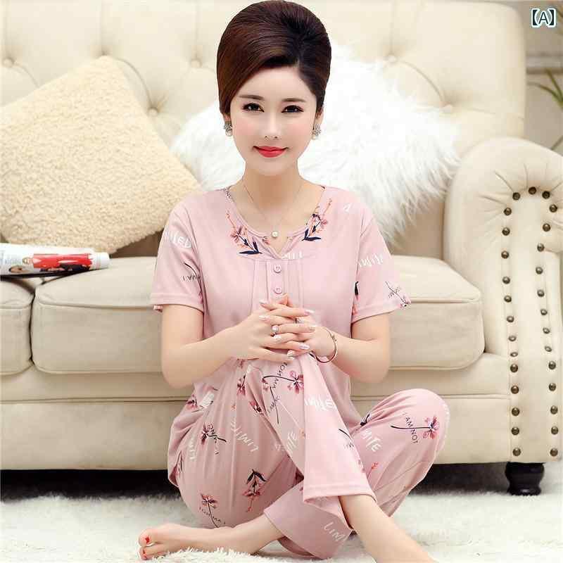 ルームウェア 部屋着 レディース 半袖 婦人 ミセス 高齢者 パジャマ 夏 ズボン 綿 薄手 ラウンドネック プルオーバー ホーム 服