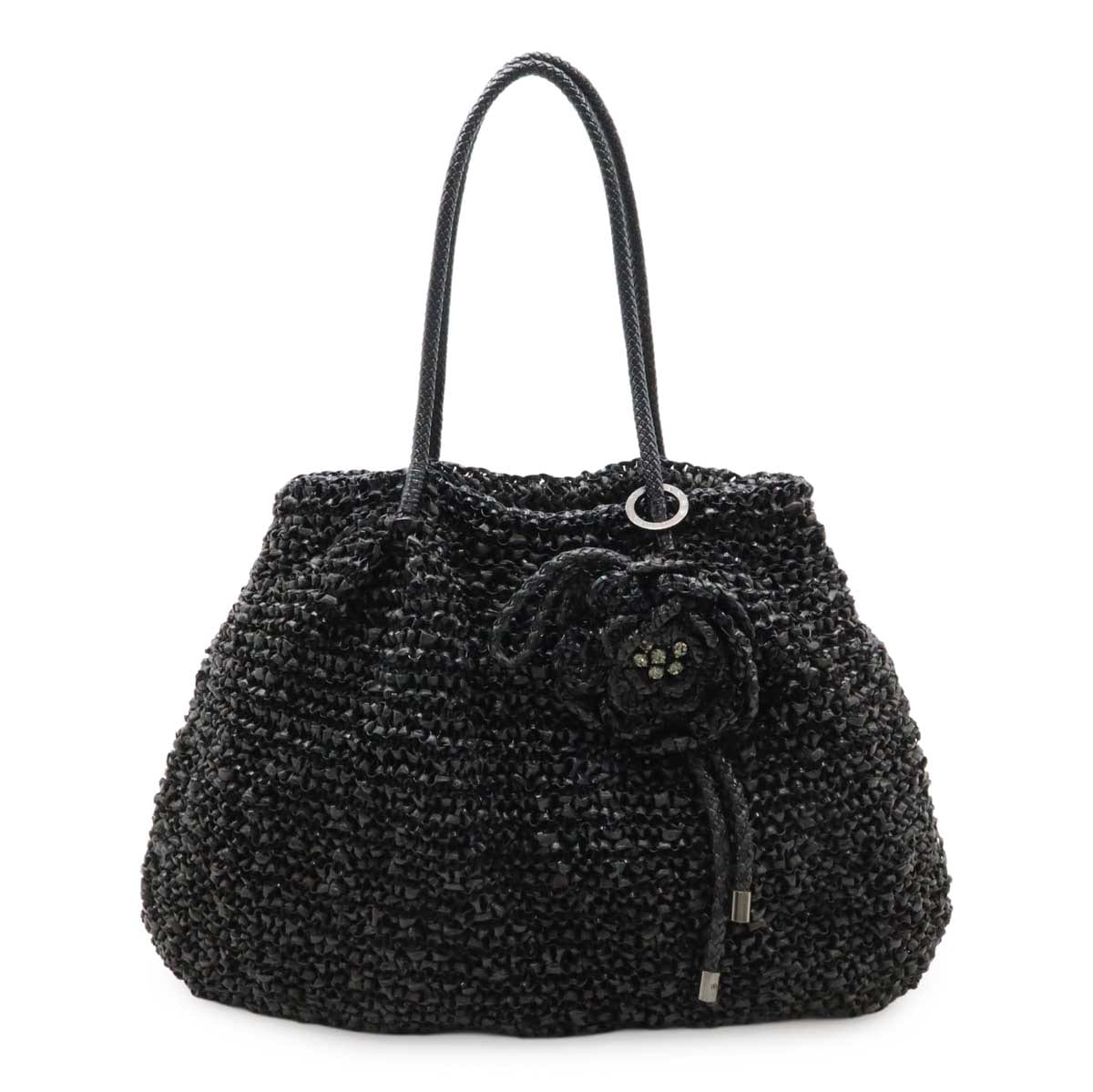 ワイヤーバッグ ハンドバッグ トートバッグ フラワーモチーフ バラ 薔薇 ラフィア ラインストーン ビジュー ブラック