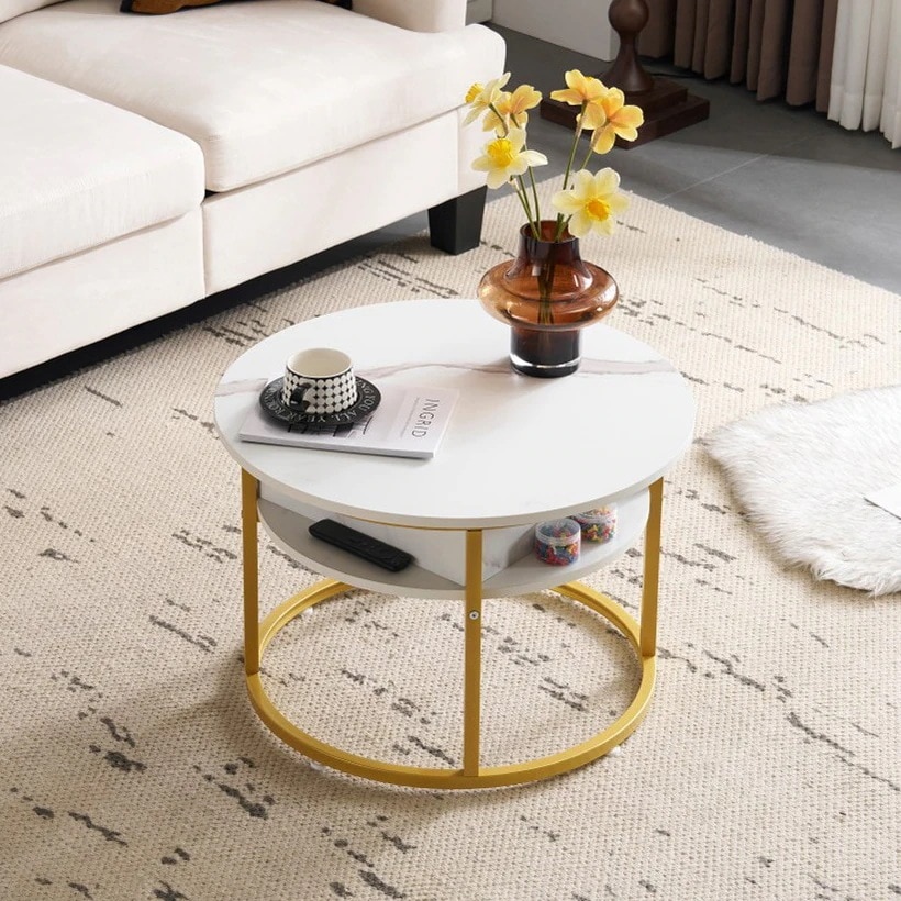 【国内即日発送】昇降式テーブル センターテーブル 円形 大容量収納 大理石調 コーヒーテーブル ローテーブル 隠し収納スペース 北欧 モダン 昇降テーブル スチール脚【ホワイト（ゴールド脚）】