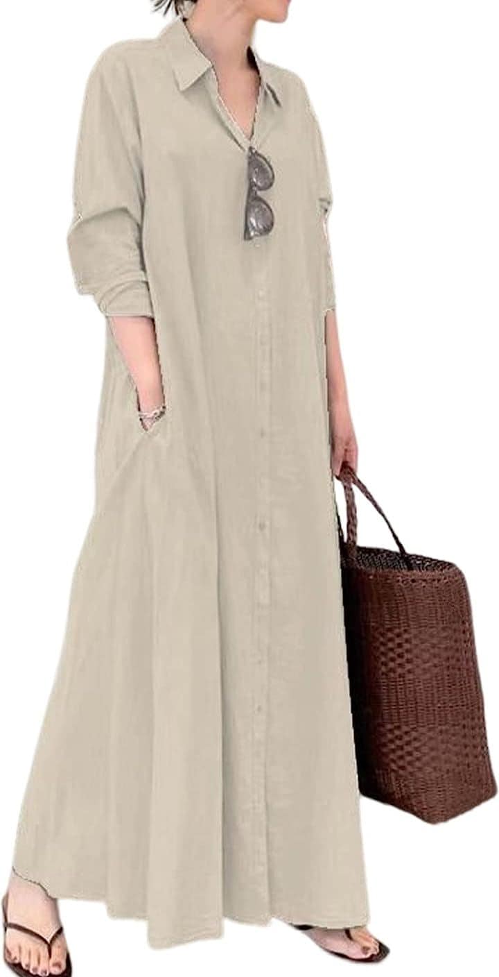 シャツワンピース レディース 長袖 マキシ丈 ロングワンピース( ベージュ, 2XL)