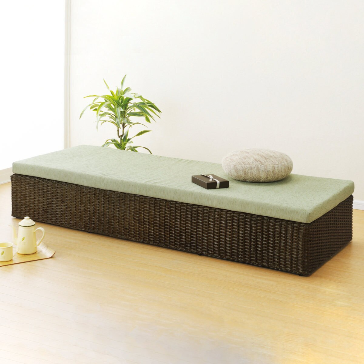 籐 ロングベンチ マット付 幅200cm 家具 ソファー 籐家具 ラタンチェア ソファーベッド ベンチ ベッド 籐椅子 グリーン 無地 シンプル マット おしゃれ