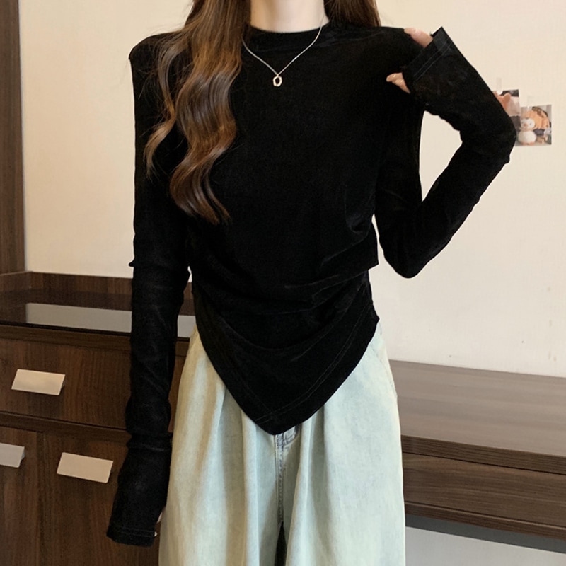 レディース トップス カットソー プルオーバー インナー 普通丈 萌袖 袖あり モックネック 襟なし タイト スリム 細身 フェミニン 中厚手 ベロア ストレッチ かわいい 大人可愛い きれいめ