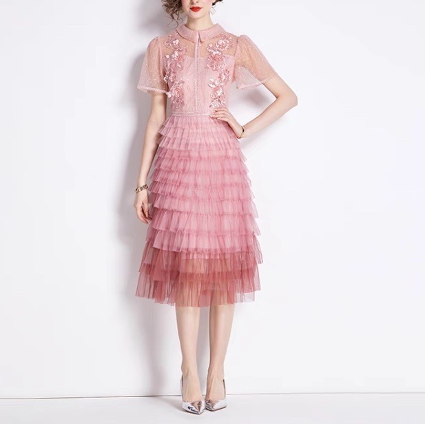 ドレス ワンピース ウェディング パーティー 結婚式 二次会 披露宴 演奏会 発表会 ステージ 舞台 フォーマル 衣装 コスプレ コスチューム 謝恩会 演劇 膝下 半袖 襟付き フレア Aライン