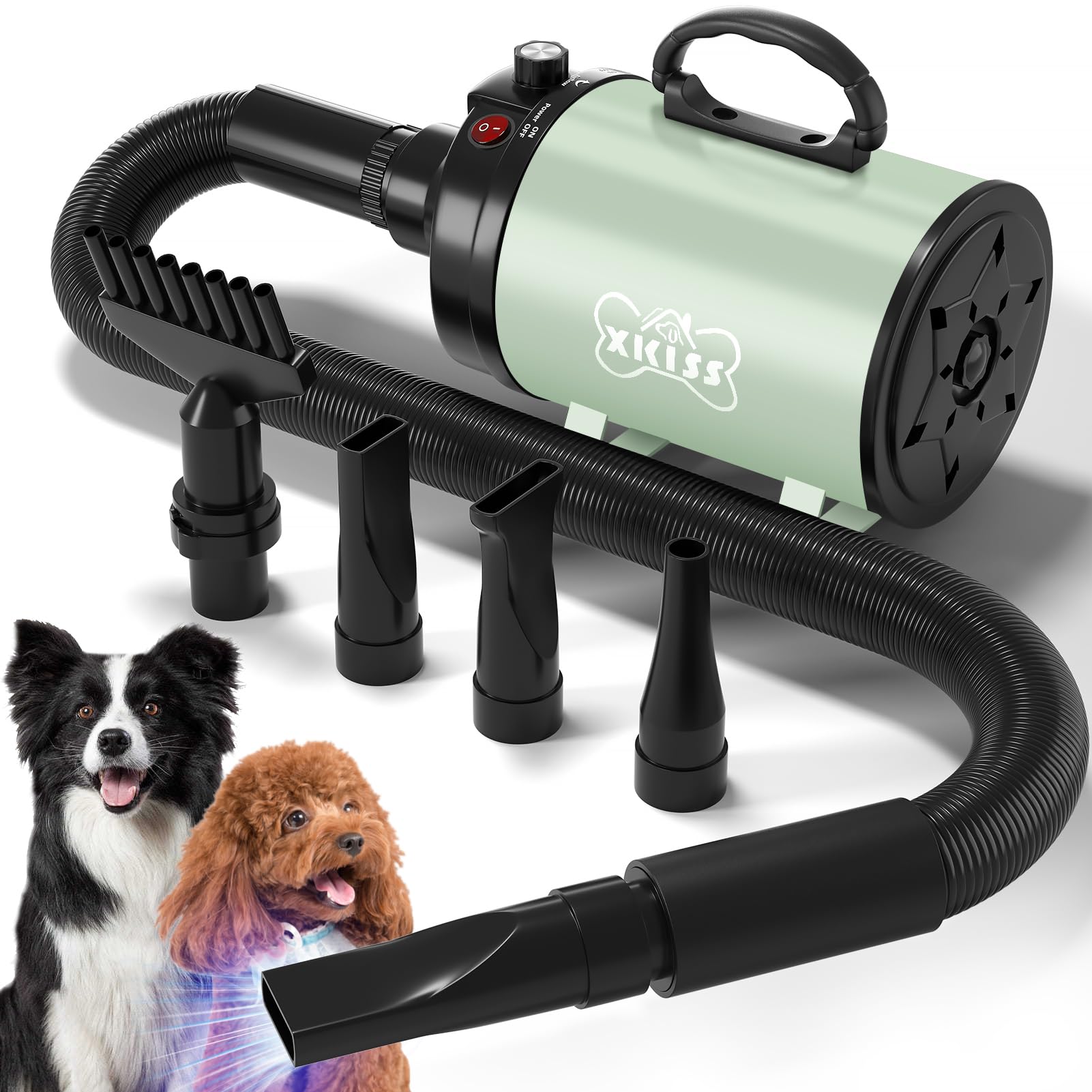 XKISS 犬 ドライヤー 4.5 PS / 3200 W 犬用 ドライヤー 猫 ドライヤー ペットドライヤー ペット用ドライヤー 4つのノズル付き 風速温度調整可能 強いブロー力 騒音低減(グリー