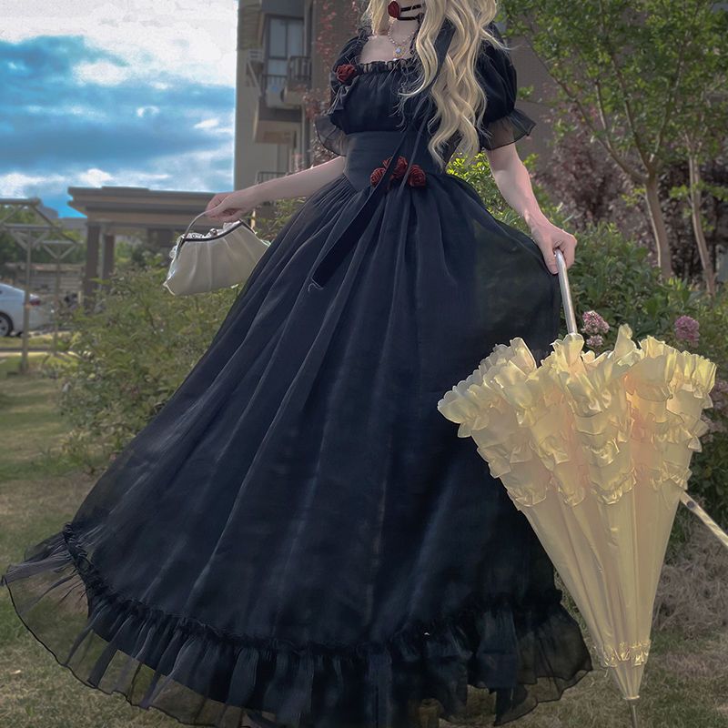 ロリータ コスプレ 2024新作 夏 ロリータ 着痩せ ワンピース ブラック ロングスカート レトロ ドレス 5,663円