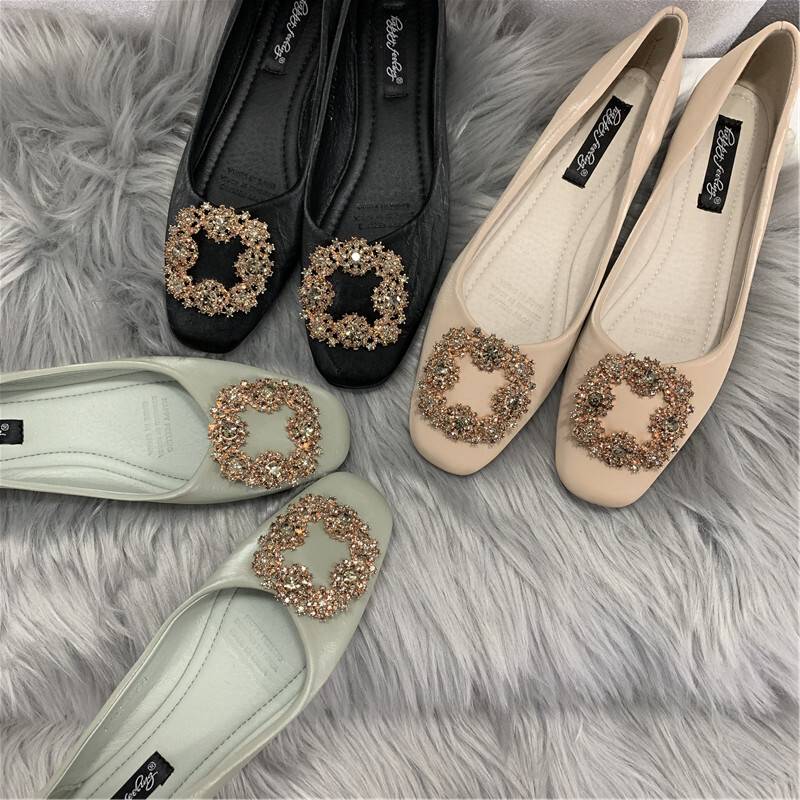 3color レディース 靴 パンプス バックル ビジュー 飾り ペタンコ ローヒール フラット フ