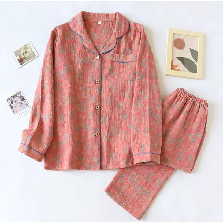 パジャマ ガーゼパジャマ 二重ガーゼ ルームウェア 前開き トップス 長ズボン 上下セット 快適 部屋着 冷え性対策 冷房 春 夏 秋 母の日