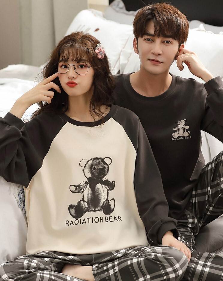 ペア パジャマ カップル チェック柄 くま プリント プルオーバー メンズ レディース 長袖 ラウドネック ポケット 長ズボン ウエストゴム かわいい カジュアル モノトーン 秋 冬 楽ちん M 大人