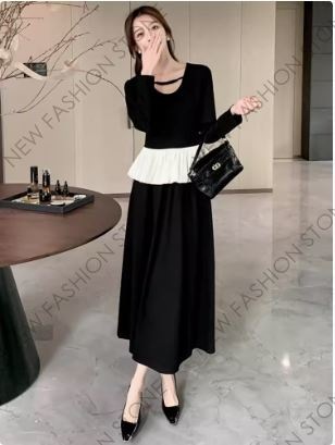 2024秋新作韓国版レトロ長袖ワンピース2枚セット-60