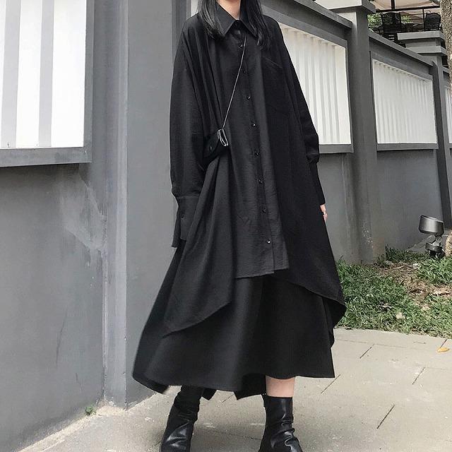 【即納】個性的 シャツ 個性的スカート モード系ファッション 不規則 長袖 ミモレ丈 イベント オフ会 コスプレ ステージ衣装 10代 20代 30代 40代 50代