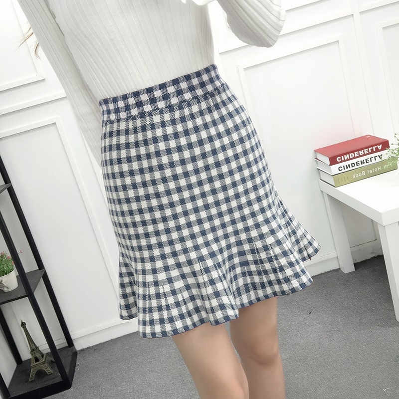 3026.春秋に チェック柄ハイウエスト膝丈スカート（ダークブルー）