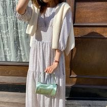 2色 ワンピース 半袖 春 夏 かわいい ロング aライン フレア フレアスカート ミモレ丈 ロング丈 ラウンドネック 切り替えデザイン ドッキング シフォン ブルー イエロー S M ゆる かわいい