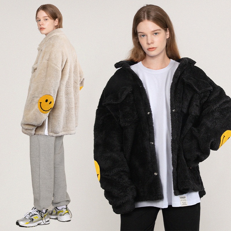 [UNISEX]Elbow Dot Smile Embroidered Fleece Shirt Jacket_2color