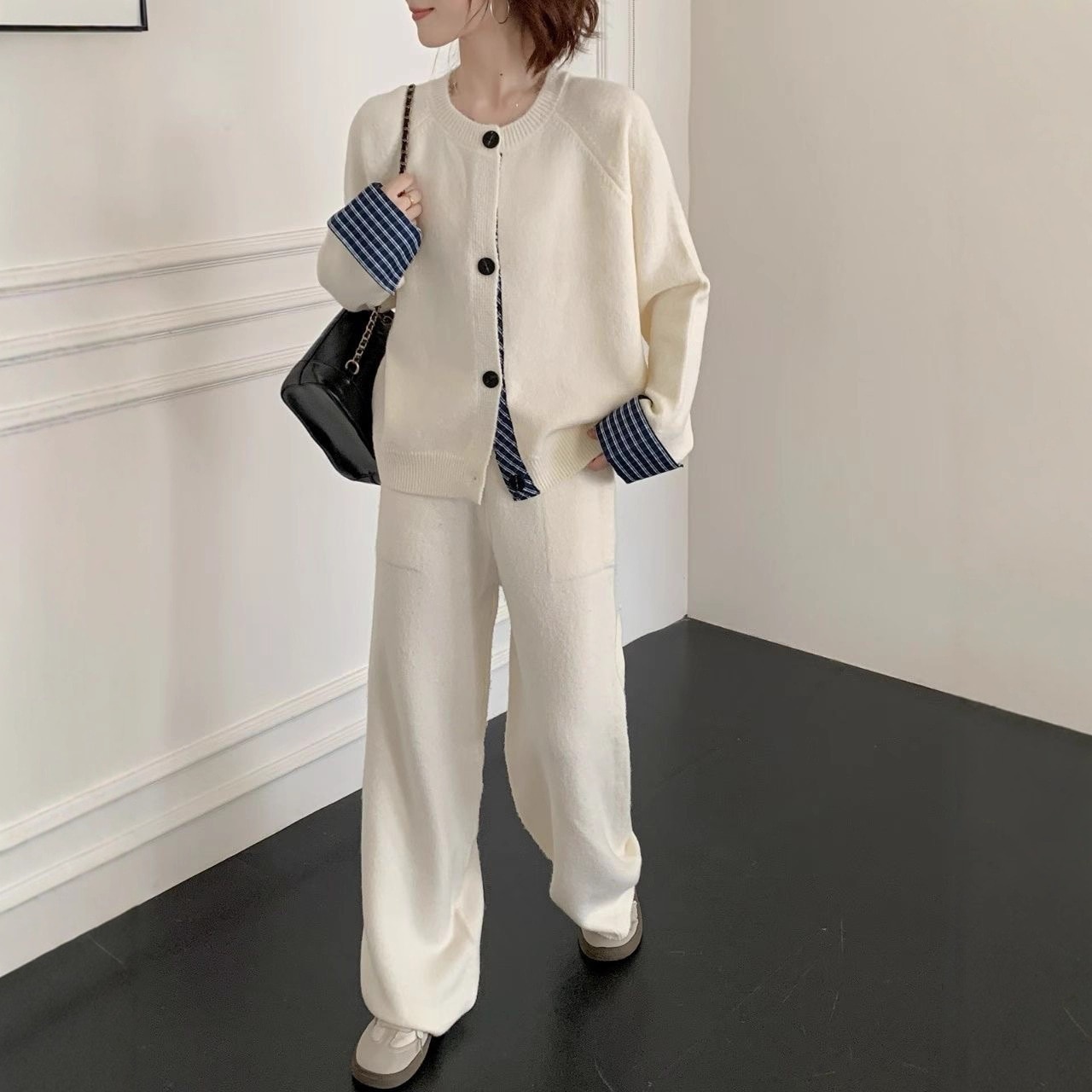 2025新作フェイクニット2枚セット女性初秋ワイドパンツ韓国系カジュアル2着セットアップ