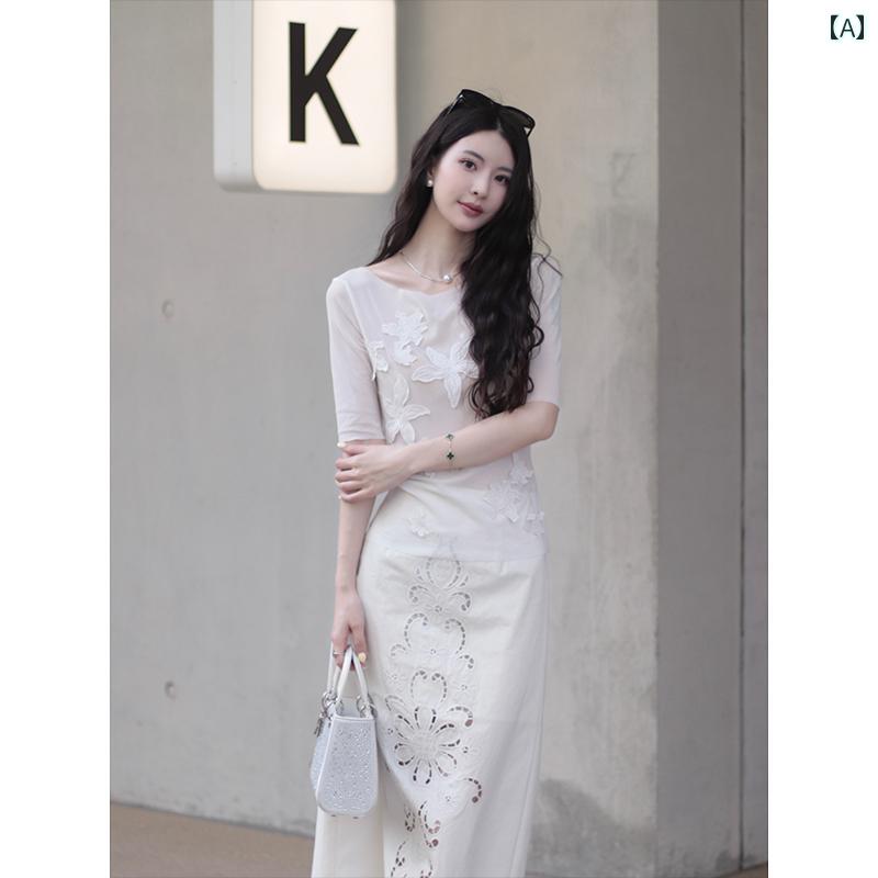 レディース ファッション カジュアル おしゃれ デート 女子会 フラワー ラウンドネック 刺繍 Tシャツ スリムフィット インナートップス 夏